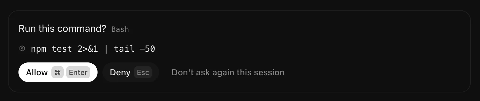 An approval waiting on screen, showing the exact command a teammate wants to run